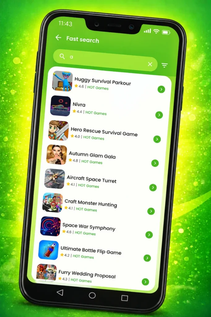 HappyMod APK Download Latest Version V3.3.4 Free For Android 8 Fast search gaming app screen displaying popular games and quick search interface