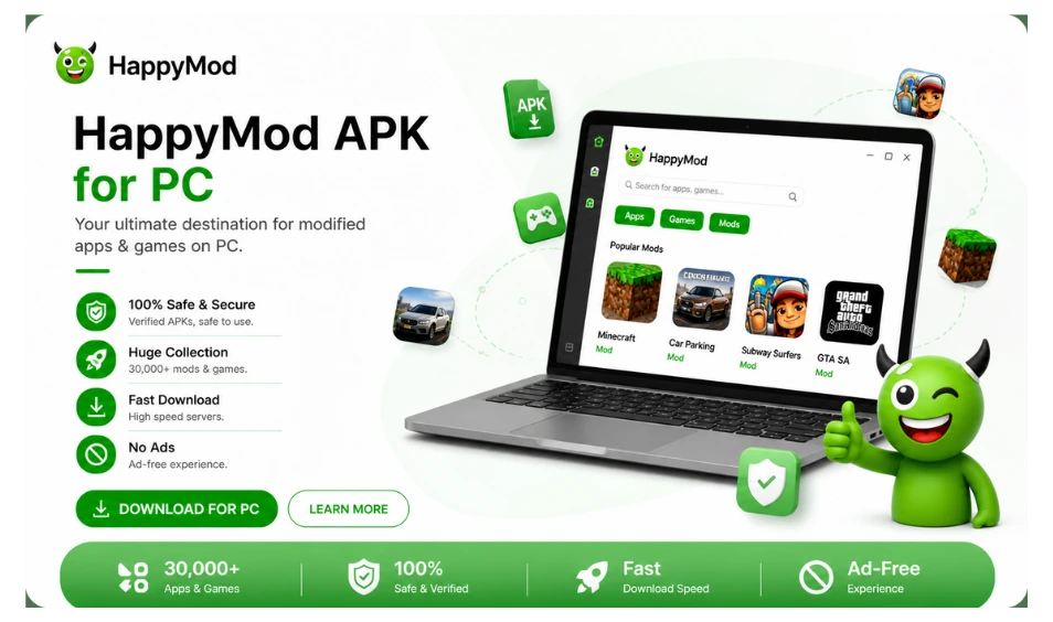 HappyMod APK for PC download screen with laptop mod apps fast secure no ads