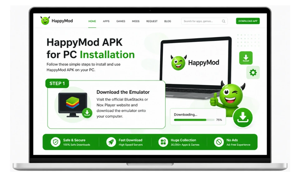 HappyMod APK for PC installation screen on laptop with emulator download step