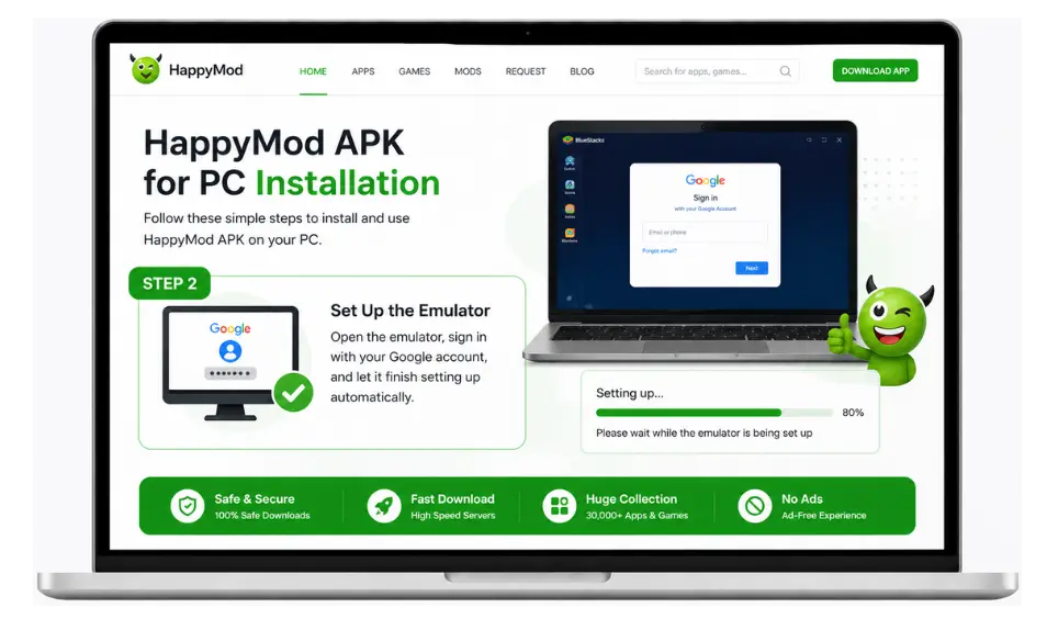 HappyMod APK for PC emulator setup with Google sign in on laptop screen