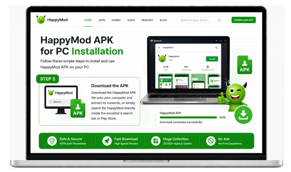 HappyMod APK download process on PC emulator with install option on laptop