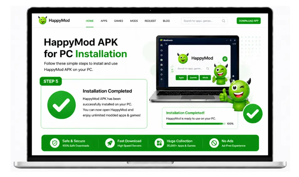 HappyMod APK for PC installation completed on laptop screen with fast download and safe mod apps