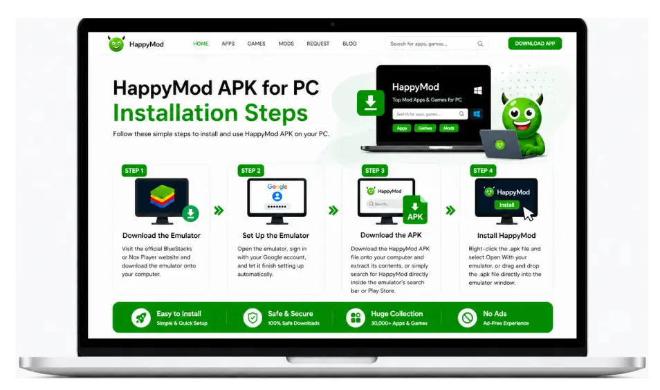 HappyMod APK for PC installation steps guide emulator download install mod apps