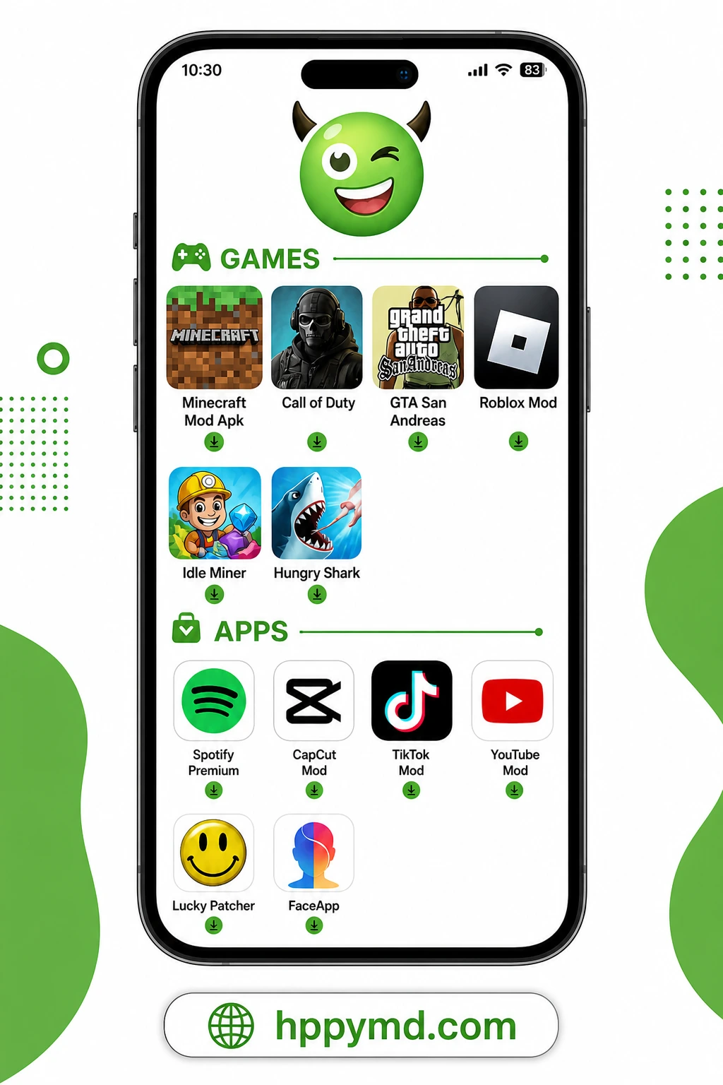 HappyMod APK Download Latest Version V3.3.4 Free For Android 13 HappyMod APK mobile mockup showing Minecraft Mod APK, Call of Duty, GTA San Andreas, Roblox Mod, Spotify Premium, TikTok Mod, YouTube Mod, and CapCut Mod apps for Android download.